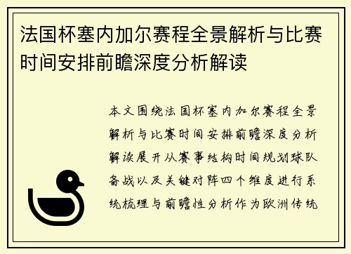 法国杯塞内加尔赛程全景解析与比赛时间安排前瞻深度分析解读